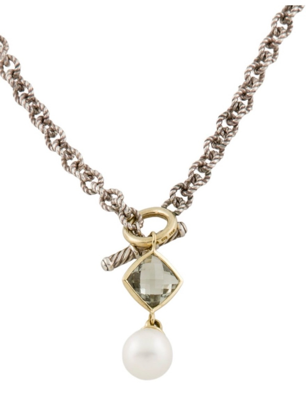 David Yurman set 18k / Ss toggle Elegant Pearl Drop Necklace prasiolite earrings - Picture 5 of 11